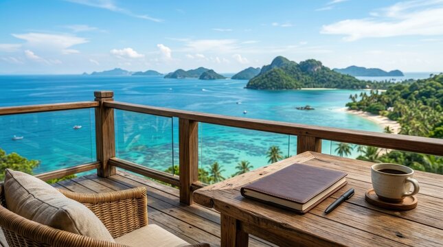 Tropical balcony overlook with leather notebook and coffee on wooden table