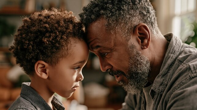 Big Forehead Day: a father and young son comparing their foreheads with playful exaggerated expressions, warm home living room background softly blurred