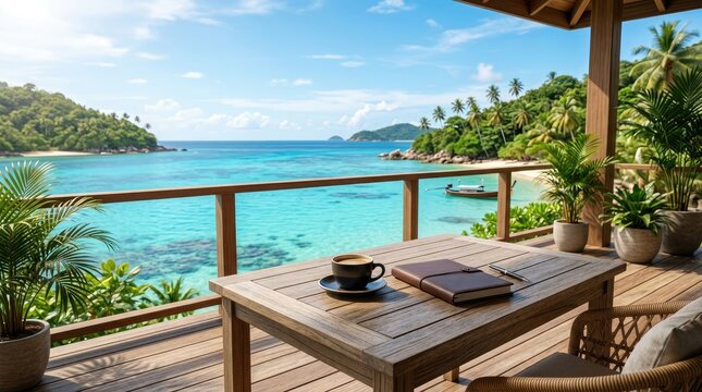 Cozy resort terrace with coffee and notebook overlooking turquoise sea