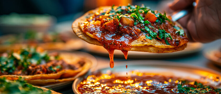 A close up photograph showcases a tlayuda a large crispy tortilla topped with vibrant red sauce and fresh herbs authentic mexican cuisine