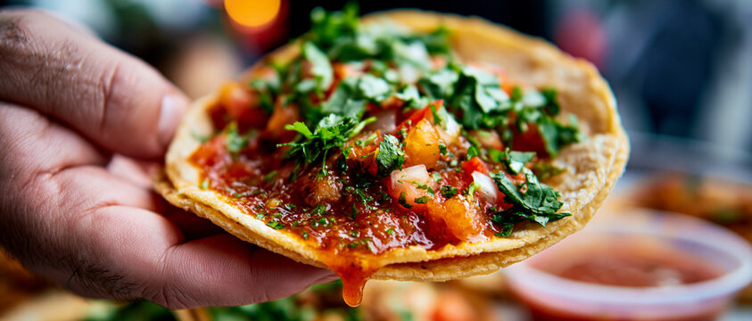 A vibrant tostada topped with pico de gallo and cilantro is held in a human hand close up photo authentic cuisine