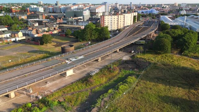 Gateshead UK: 20th July 2026: The demolition of the Gateshead Flyover drone footage. Nearby buildings and open areas are visible, with construction work ongoing