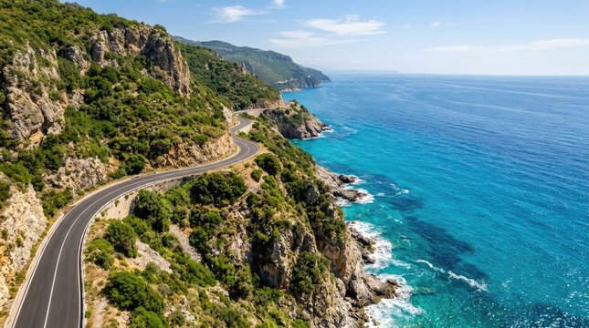 Aerial view of scenic winding coastal road along dramatic ocean cliffs