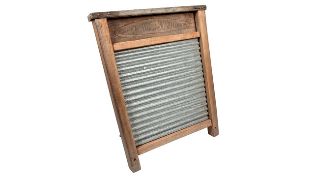 Traditional antique ribbed wooden washboard laundry cleaning tool isolated on transparent background