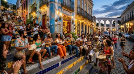 Fototapeta premium Vibrant afternoon scene of community musicians performing acoustic guitars and drums on historic town street square stairs