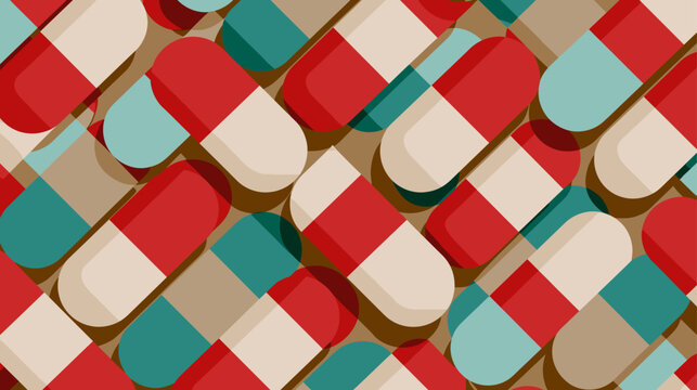 Seamless Vector Pattern of Colorful Pill Capsule Shapes in Red, Teal, and Beige for Pharmaceutical Medical Concept Design
