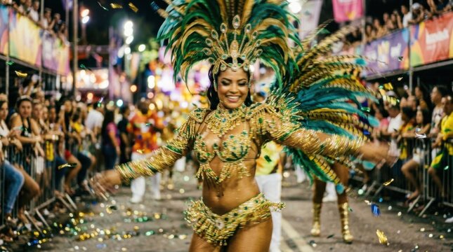 Elaborate female carnival dancer posing in magnificent emerald feathered costume on illuminated public night stage