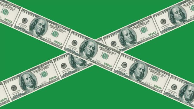 Cross of dollar banknote lines on a chromakey background. 4K