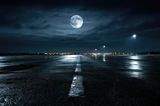 A full moon shines above a wet, empty road at night, reflecting lights