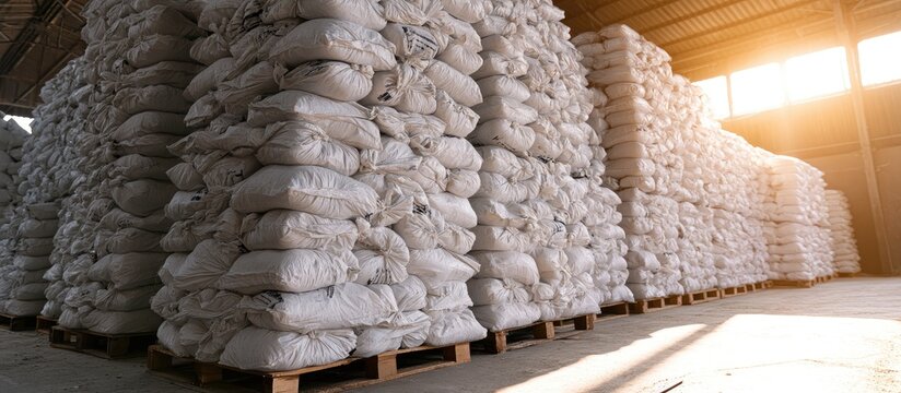 Large warehouse stacks of white bags on pallets, with sunlight streaming in
