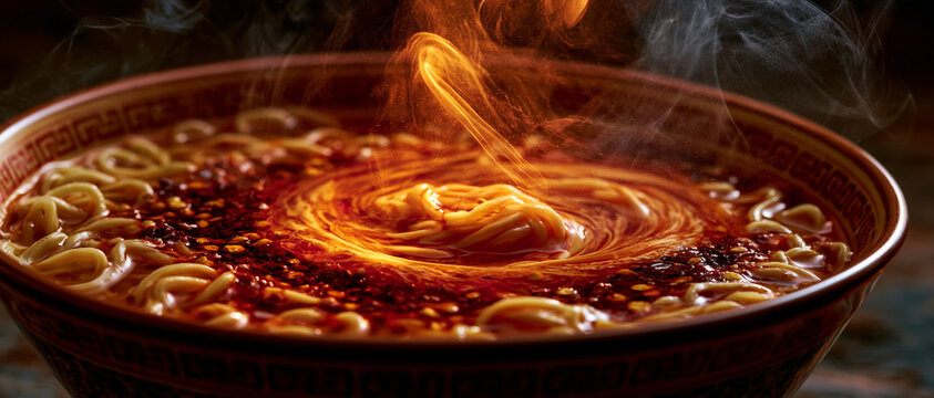 Spicy ramen noodles in a ceramic bowl with swirling flames and steam a fiery culinary presentation hot food cuisine asian