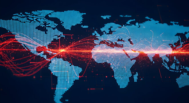 Digital World Map Visualization with Dynamic Data Flow and Network Connections in Blue and Red Colors Representing Global Communication and Technology Trends
