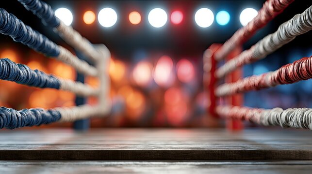 Empty boxing ring with vibrant red, white, and blue ropes, spotlighted by bright lights