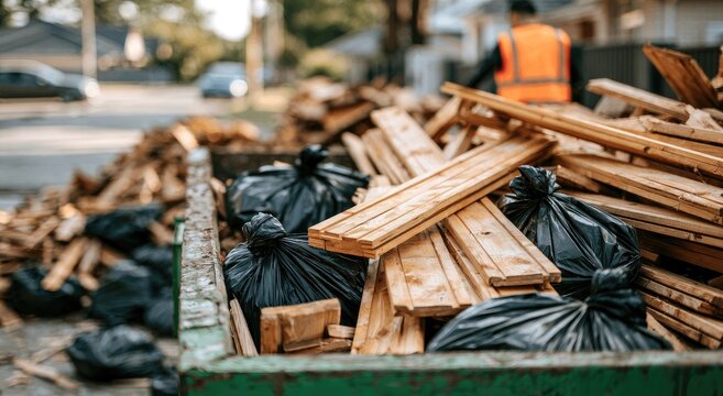 Dumpster filled with wood debris and black trash bags, construction