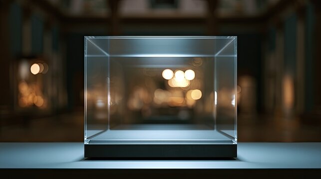 Empty glass display case on pedestal in dimly lit hall