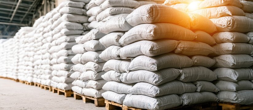 Large stacks of white sacks fill a warehouse, illuminated by warm sunlight