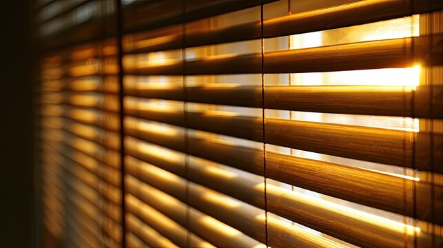 Sunlight streams through horizontal wooden window blinds, casting warm shadows