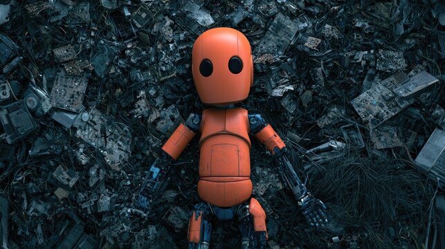 An orange robot lies amidst discarded electronics and debris