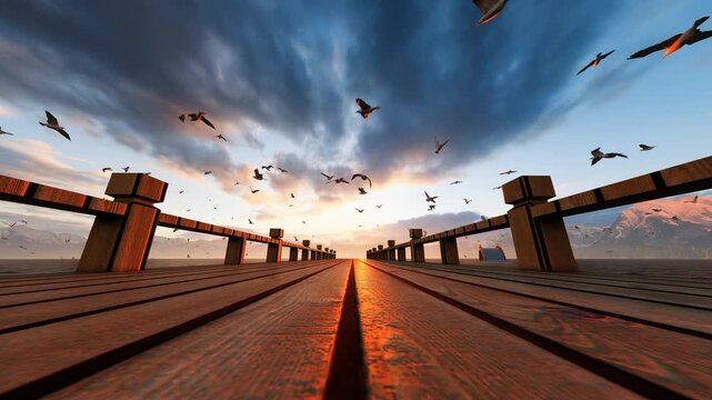 Seagulls flutter over the bridge at dusk