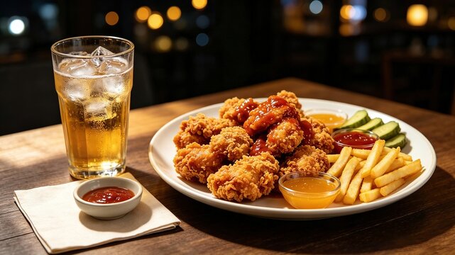 Pub combo set with crispy fried chicken wings, French fries, Fits bar menu slides, casual dining brochures, gastro pub web banners,happy hour promotion flyers and Western snack food commercial visuals
