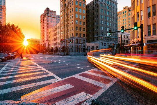 Sunburst over cityscape with streaking car lights at dawn/dusk