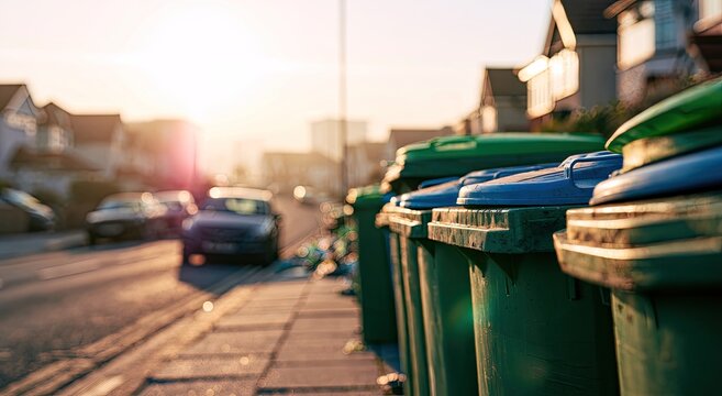 Lined up bins on sidewalk with cars, houses, and sunrise in background