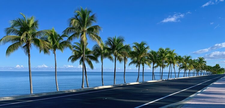 Palm-lined coastal road stretches along the blue ocean under a clear sky