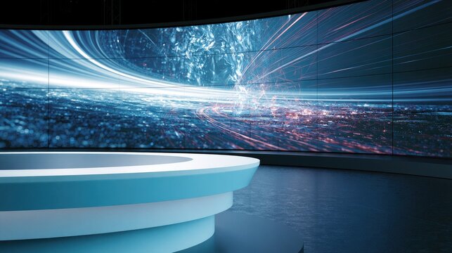 Futuristic studio with a curved screen displaying abstract digital energy vortex