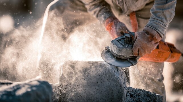 Close-up of hands grinding stone, dust swirling in sunlight