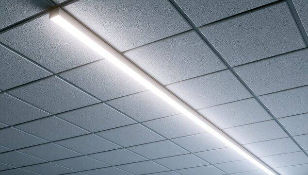 Illuminated linear light fixture suspended from a textured grid ceiling