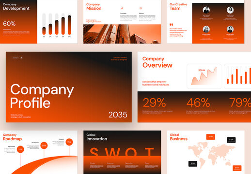 Modern Company Profile Presentation Slide Deck Template with Dark Orange Gradient