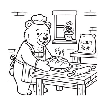 Bear character baking bread in a cozy kitchen with flour sack visible.