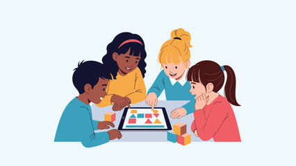 Fototapeta premium Diverse group of children collaborating and learning together on a digital tablet with colorful building blocks