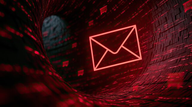 Red digital data stream with a glowing envelope icon within a tunnel