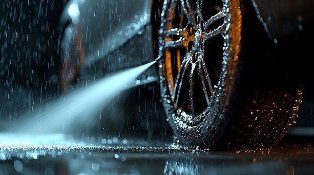Car wheel washing in rain