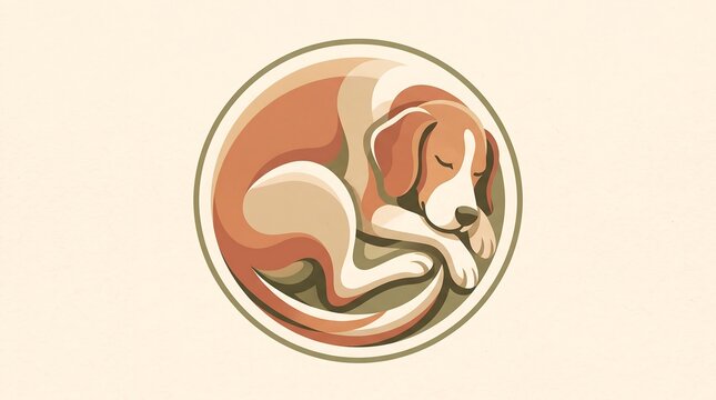 Sleeping Dog in Circular Composition Minimalist Vector Illustration