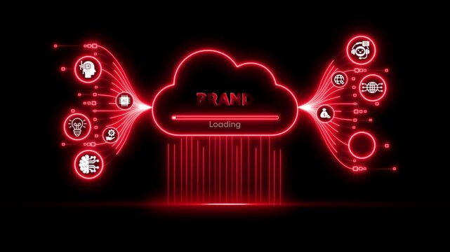 Neon red cloud computing network loading animation with digital tech and data flow