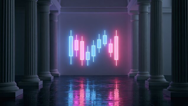 Illuminated neon candlestick chart glows brightly in an ornate, reflective hall