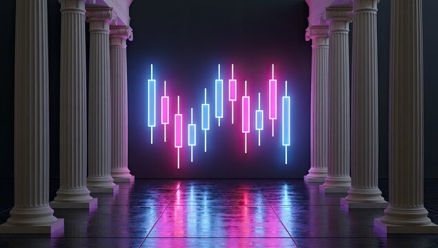 Neon financial graph displayed between classical columns on a reflective floor