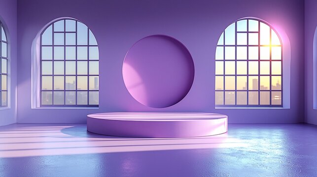 Purple platform, arched windows, city view, sunrise, product display