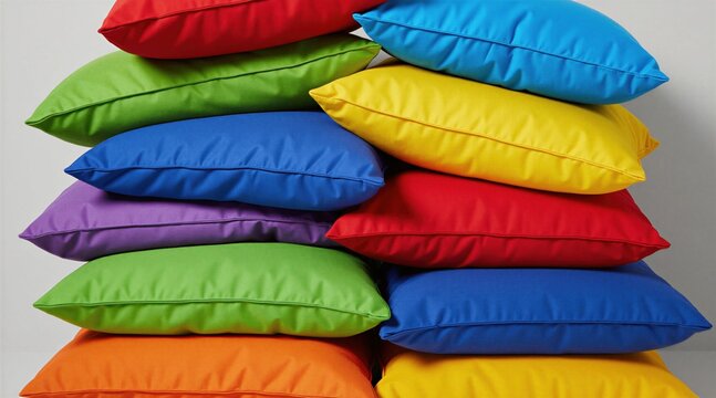 Stack of colorful cornhole bean bags in vibrant hues of red blue yellow green purple orange. Fabric pillows sit in pile on white background. Outdoor game accessories for backyard competition social