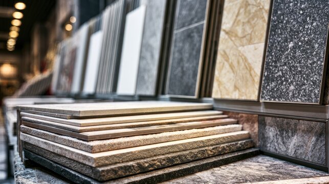 Display of various tiled samples in a showroom, showcasing different textures