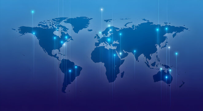 Abstract World Map Illustration Featuring Connectivity Points and Digital Data Flow in Blue and Dark Gradient Background