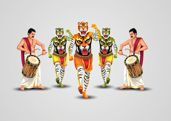A vibrant vector illustration of the traditional Pulikali (Tiger Dance) performance during the Onam festival in Kerala,