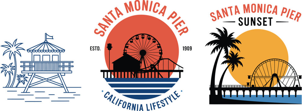Santa Monica Pier vintage badge set, retro California travel emblems featuring coastal landmarks and classic beach lifestyle, vector designs