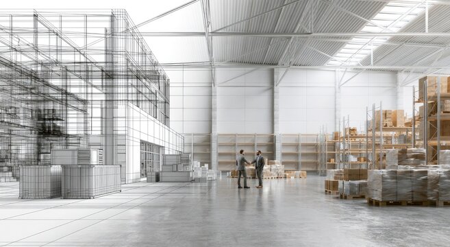 Digital blueprint morphs into a real warehouse with two men shaking hands