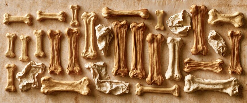 Assortment of bone-shaped treats scattered on textured surface