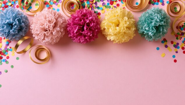 Five fluffy pom-poms in pastel shades scattered with confetti and gold ribbons