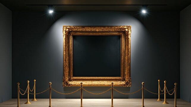 Ornate empty frame in a dimly lit gallery, spotlighted, with velvet ropes