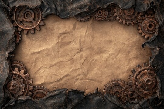 Rustic frame with worn leather and intricate gears surrounding parchment